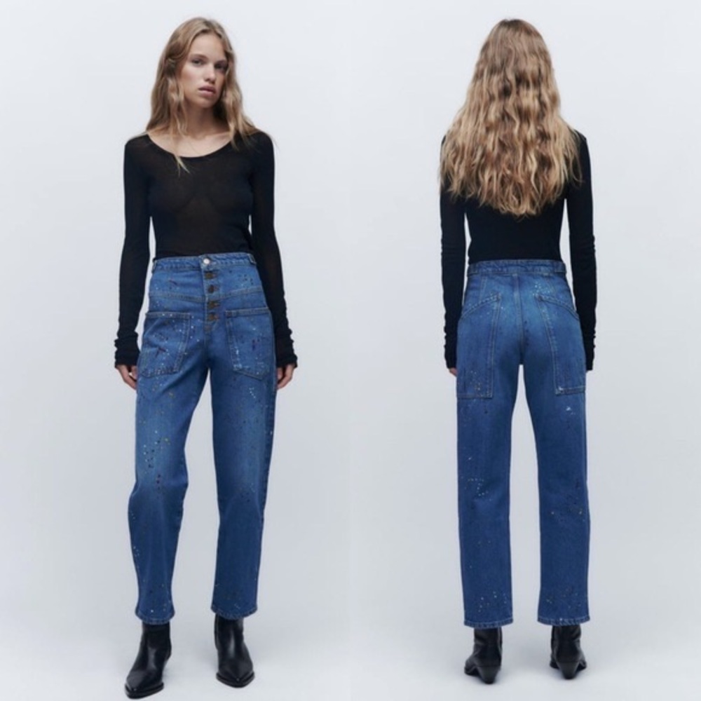 New Zara $69 High Waist Cropped Paint Splatter ZW Jeans 9863/264 Size 0
